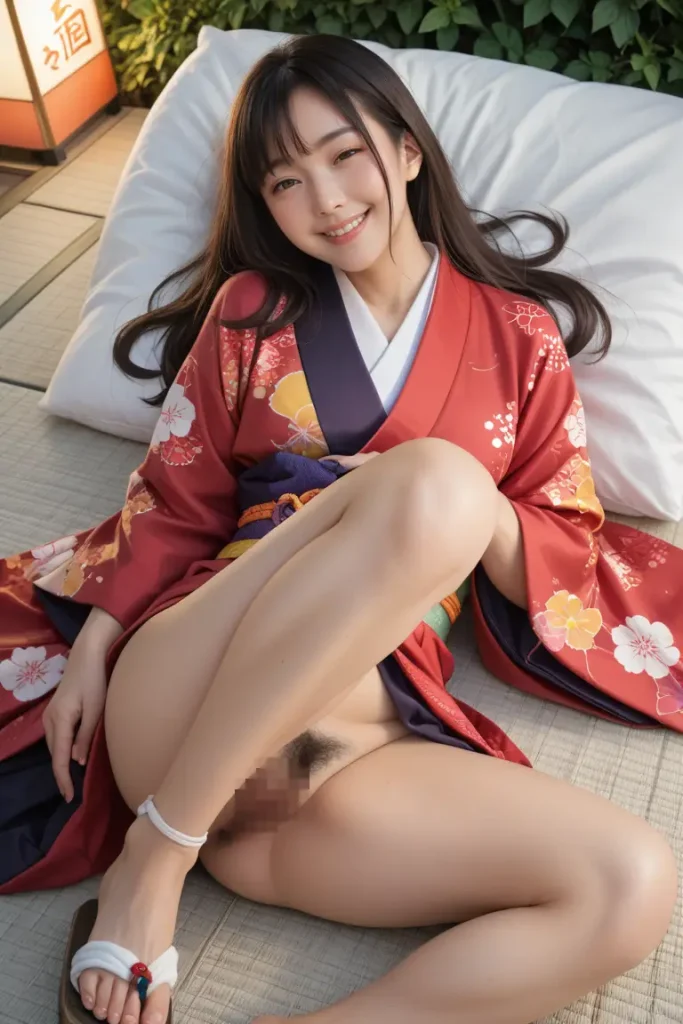 美女が着る着物や浴衣がはだけておっぱいやお○んこが拝めるAIエロ画像3枚目