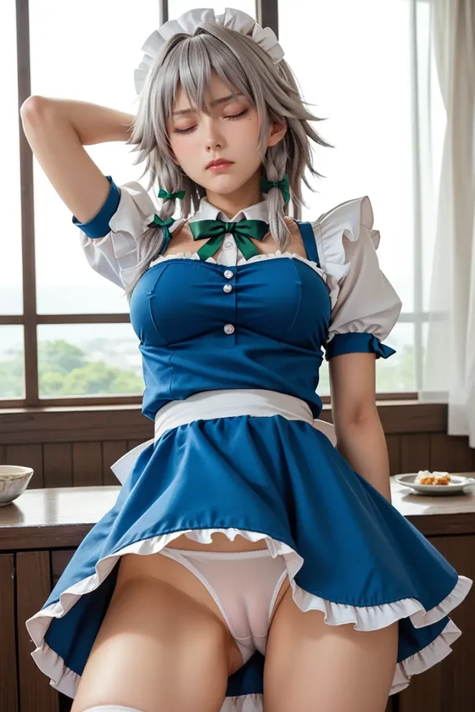 東方の十六夜咲夜のコスプレしたお姉さんのエッチなグラビアが見れるAIエロ画像31枚目