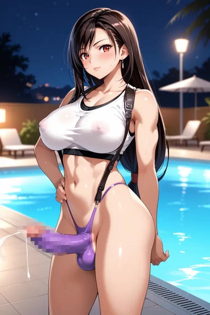 ふたなりティファのチ〇コがでかすぎてもっこりが隠しきれないAIエロ画像1枚目