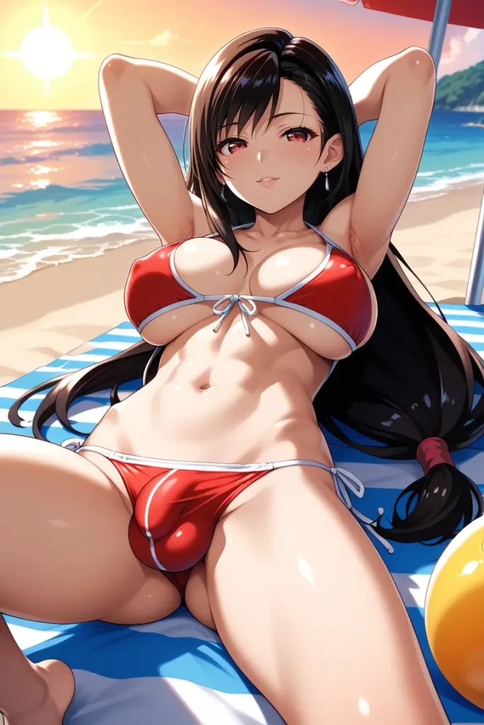 ふたなりティファのチ〇コがでかすぎてもっこりが隠しきれないAIエロ画像2枚目