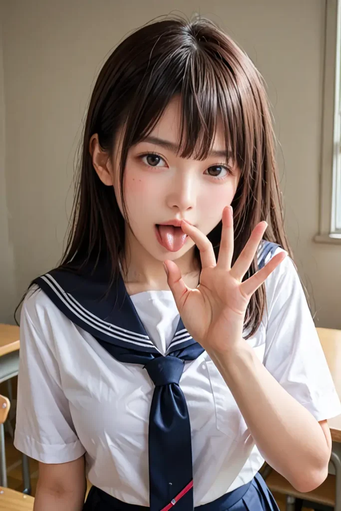 女子高生がフェラチオ素振りで誘ってくるAIエロ画像3枚目