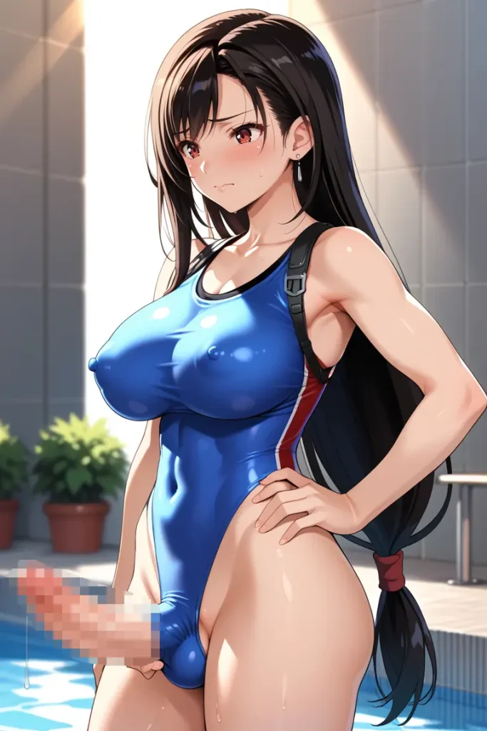 ふたなりティファのチ〇コがでかすぎてもっこりが隠しきれないAIエロ画像7枚目