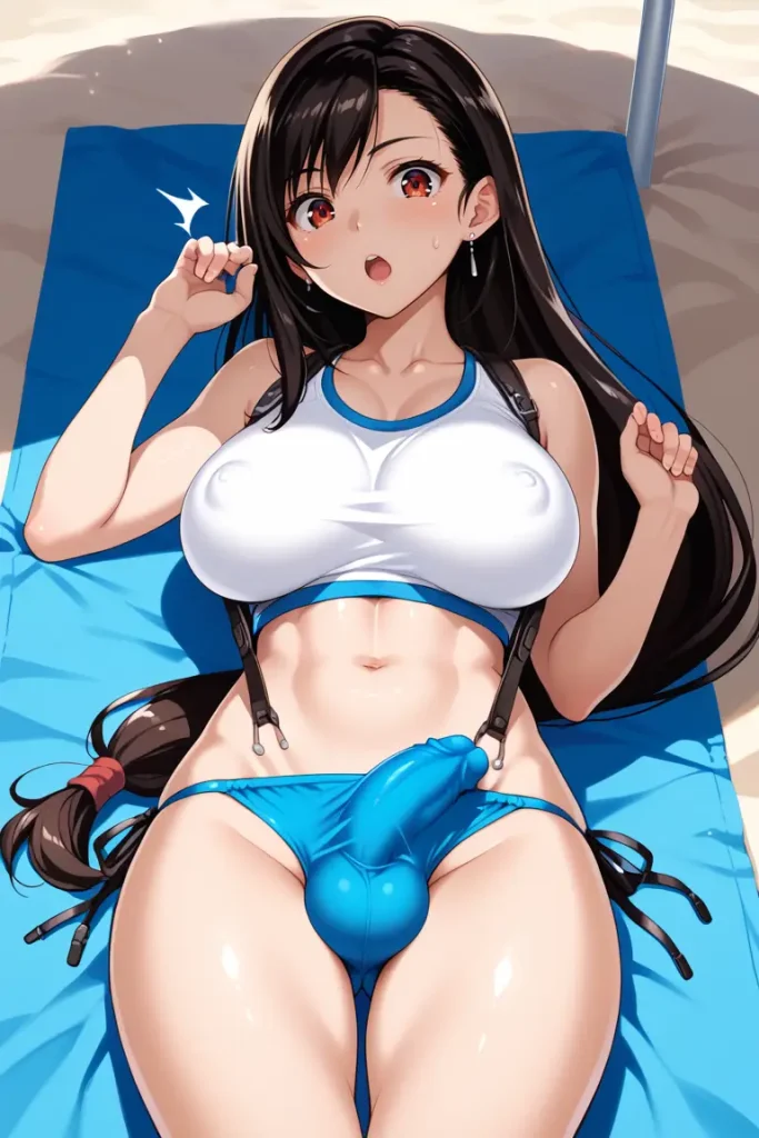 ふたなりティファのチ〇コがでかすぎてもっこりが隠しきれないAIエロ画像10枚目