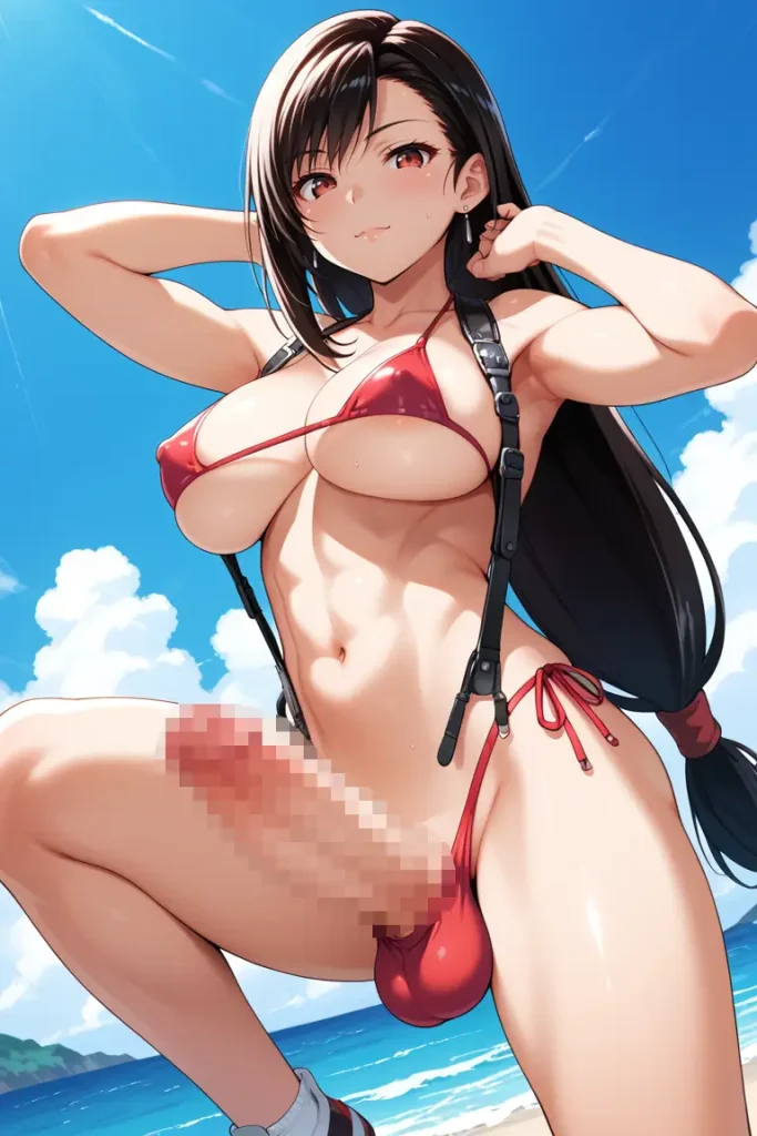 ふたなりティファのチ〇コがでかすぎてもっこりが隠しきれないAIエロ画像139枚目