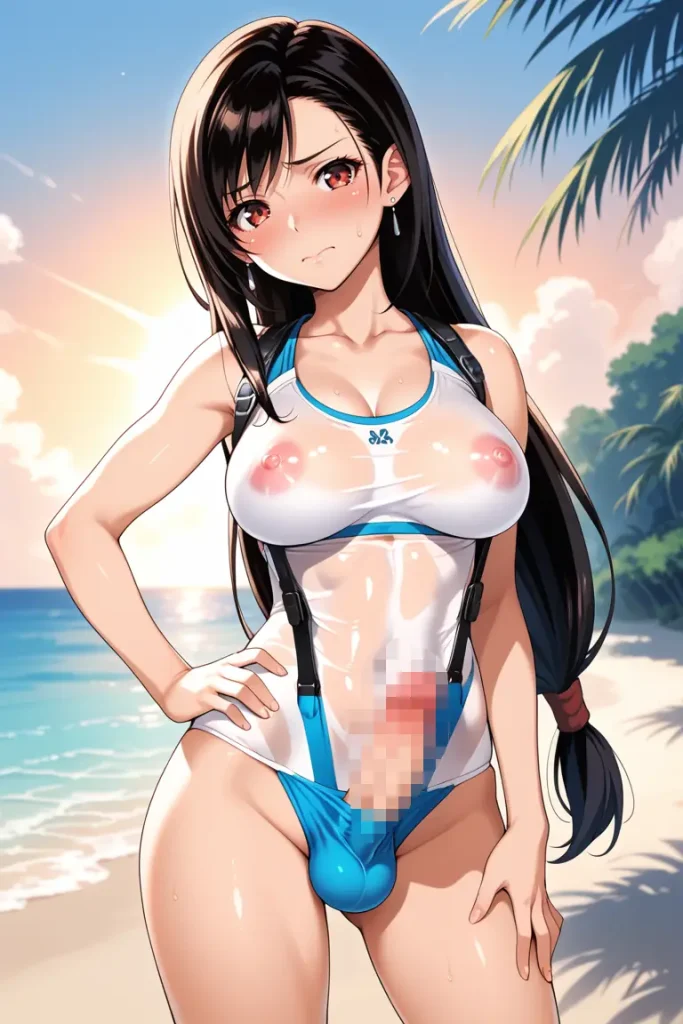 ふたなりティファのチ〇コがでかすぎてもっこりが隠しきれないAIエロ画像16枚目