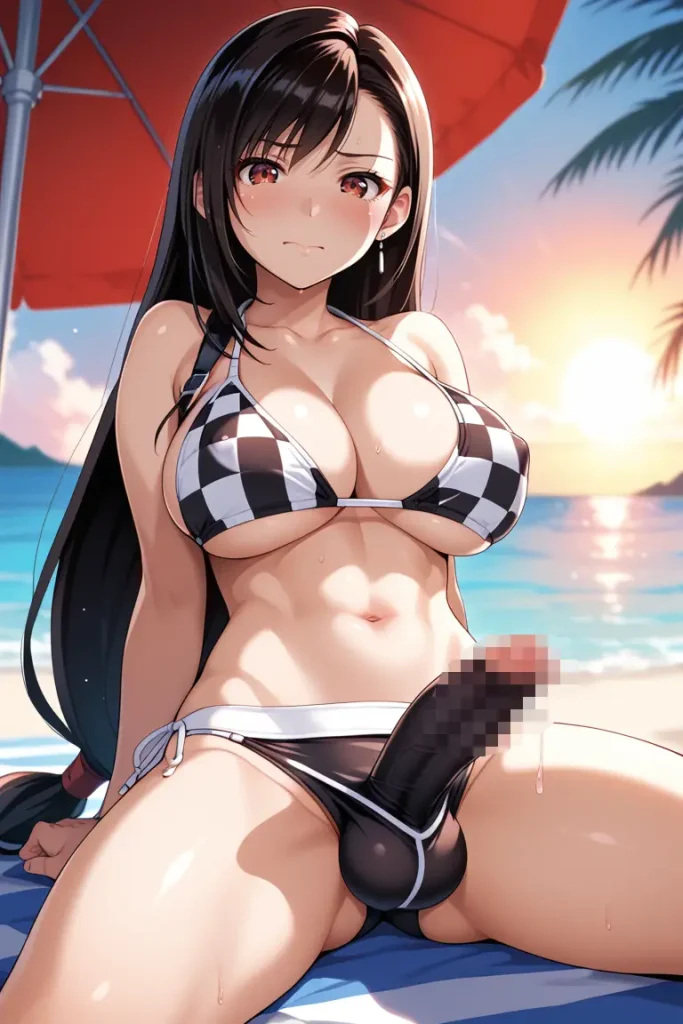 ふたなりティファのチ〇コがでかすぎてもっこりが隠しきれないAIエロ画像17枚目
