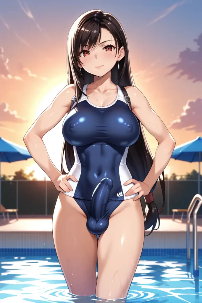 ふたなりティファのチ〇コがでかすぎてもっこりが隠しきれないAIエロ画像20枚目