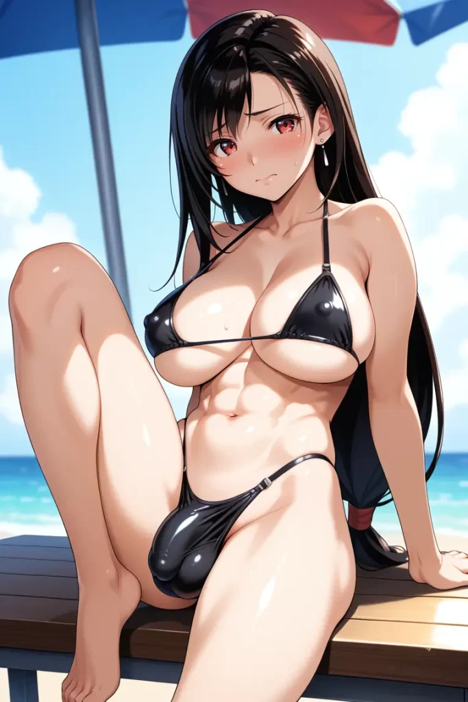 ふたなりティファのチ〇コがでかすぎてもっこりが隠しきれないAIエロ画像28枚目