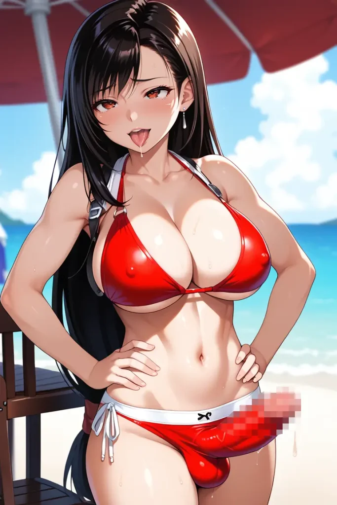 ふたなりティファのチ〇コがでかすぎてもっこりが隠しきれないAIエロ画像29枚目