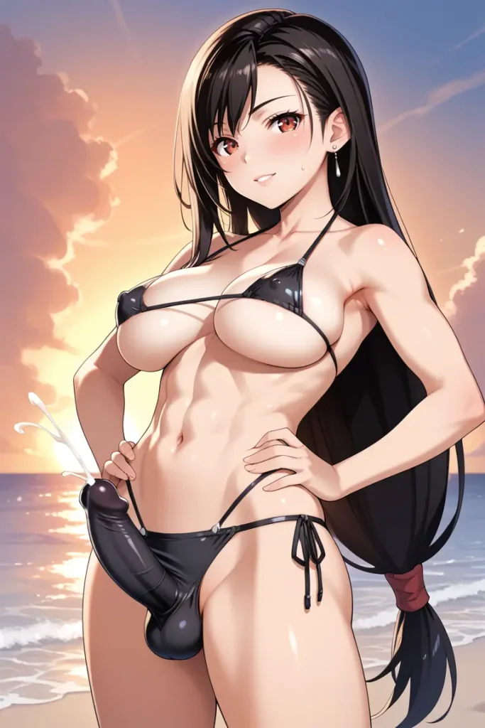ふたなりティファのチ〇コがでかすぎてもっこりが隠しきれないAIエロ画像31枚目