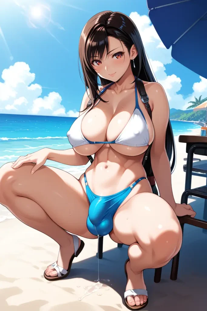 ふたなりティファのチ〇コがでかすぎてもっこりが隠しきれないAIエロ画像33枚目