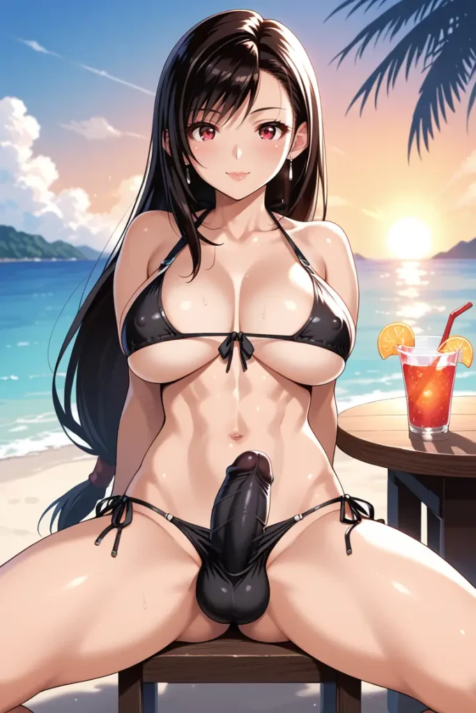 ふたなりティファのチ〇コがでかすぎてもっこりが隠しきれないAIエロ画像35枚目