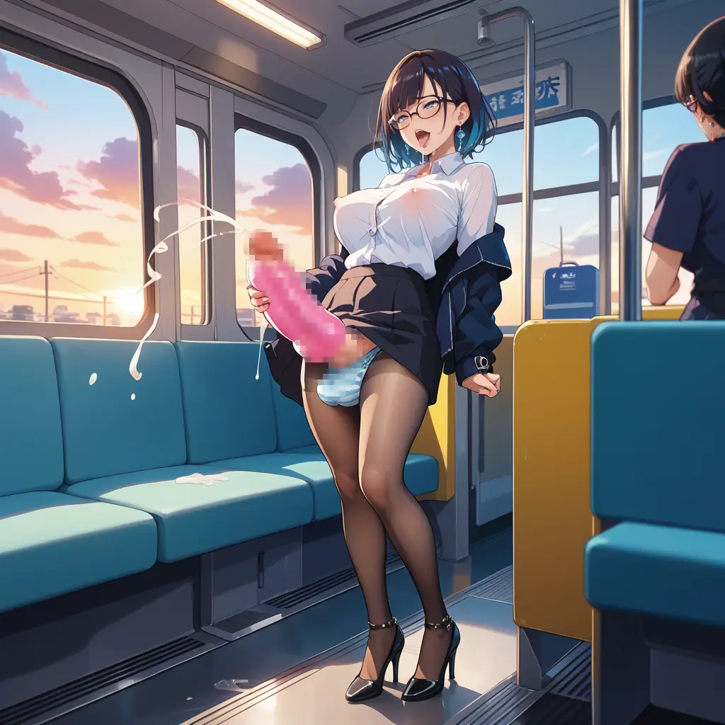 ふたなりの人妻が電車内でオナニーするAIエロ画像9枚目
