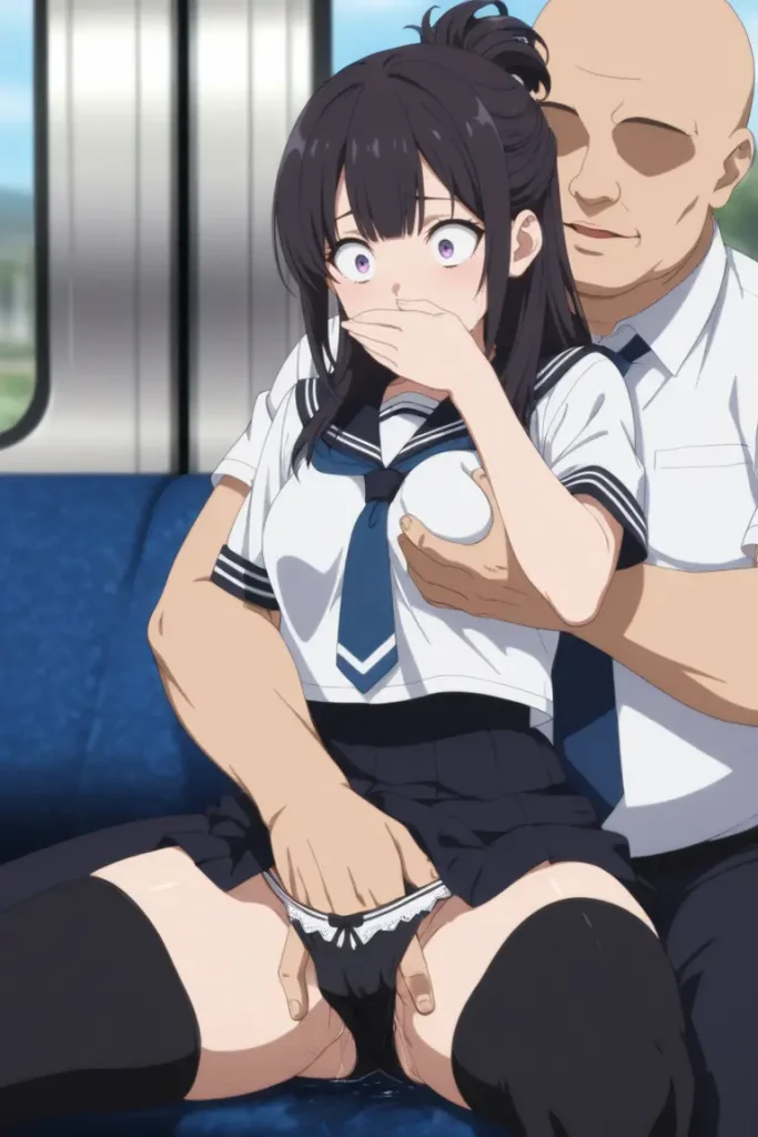 女子高生が電車内でおじさんに手マンされるエロ画像14枚目