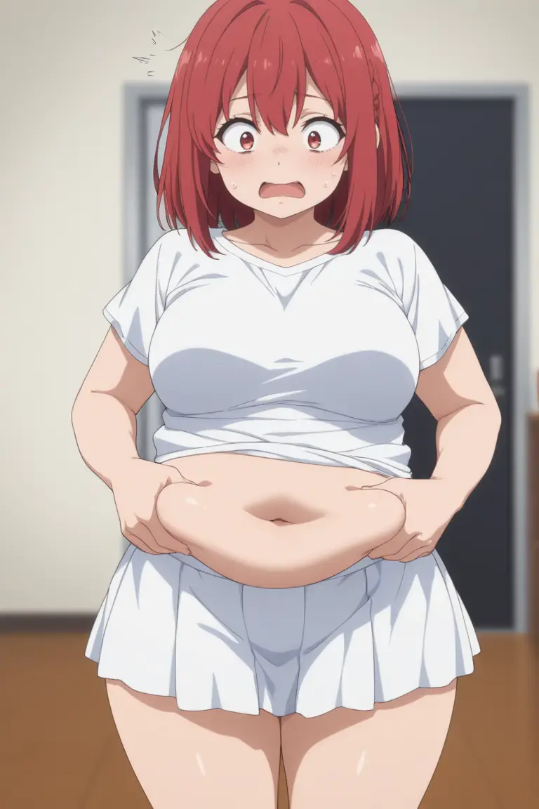 太った女性が腹をつまんで驚愕する画像1枚目